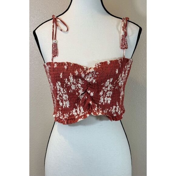 NWT House of Harlow 1960 Linen Spaghetti Strap Terracotta Smock Crop Top Medium - Picture 2 of 10